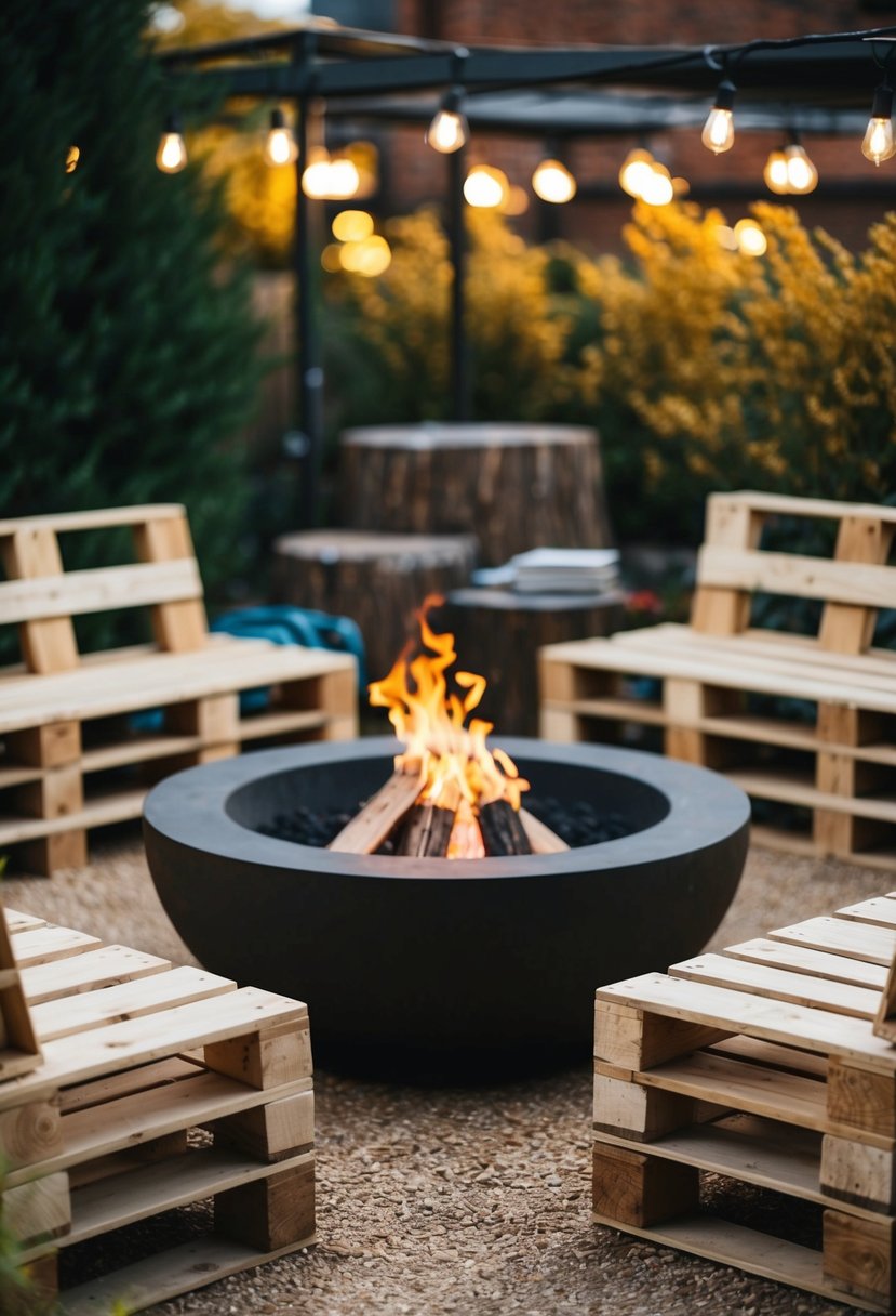 A cozy outdoor seating area with wooden pallet benches surrounding a natural fire pit