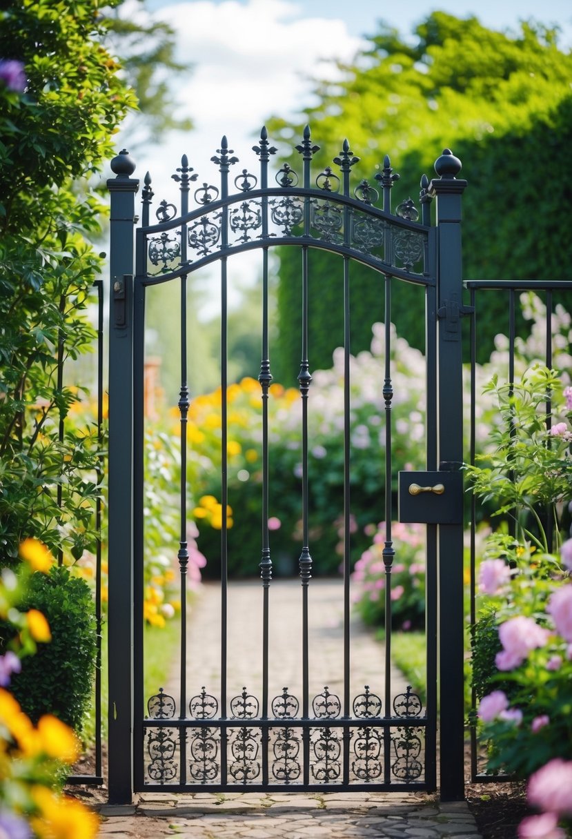 A wrought iron gate stands tall in a lush garden, adorned with intricate designs and surrounded by blooming flowers