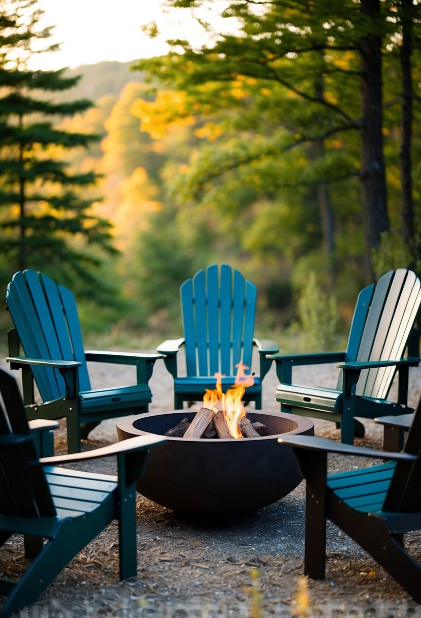Several Adirondack chairs arranged around a natural fire pit in a rustic outdoor setting