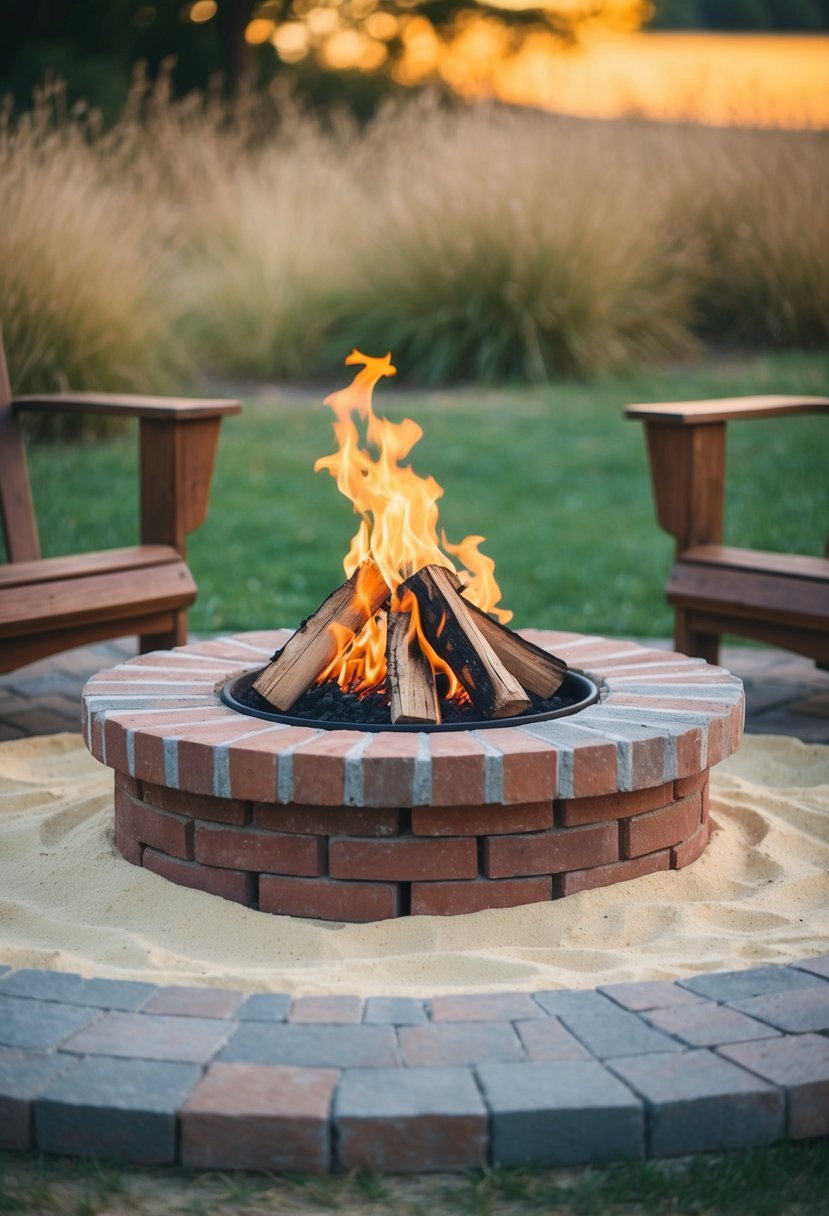 A brick and sand fire pit surrounded by a rustic outdoor setting, with a warm fire burning in the center