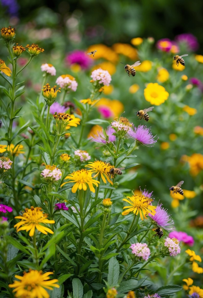 A lush garden filled with wild quinine and various wildflowers in bloom. Bees and butterflies flit among the colorful blossoms