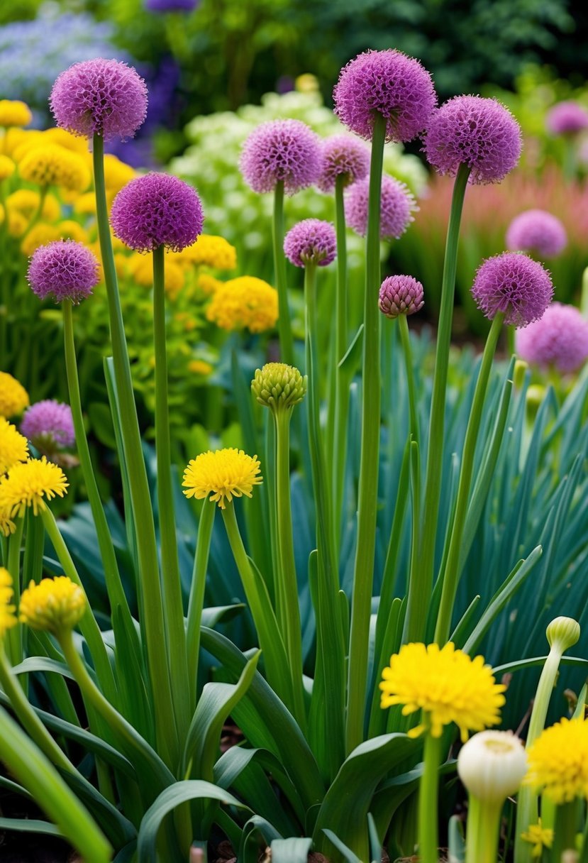 A lush garden filled with tall, slender fistulosum scallions and vibrant allium flowers, creating a colorful and lively scene