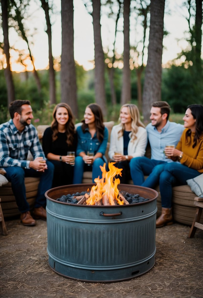 An old washing machine drum converted into a fire pit, surrounded by rustic outdoor seating and surrounded by a cozy gathering of friends