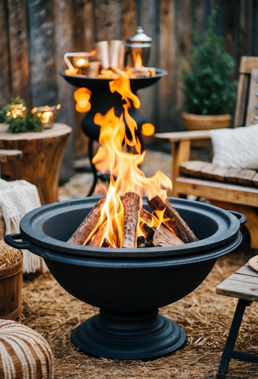 An iron cast cauldron fire pit surrounded by rustic elements and natural materials, creating a cozy and inviting outdoor space
