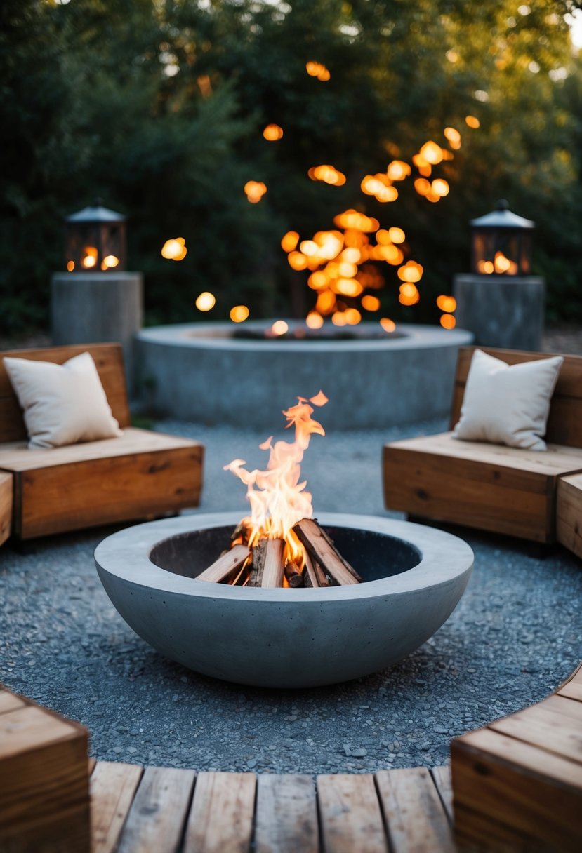 A concrete bowl pit surrounded by rustic seating and a crackling fire