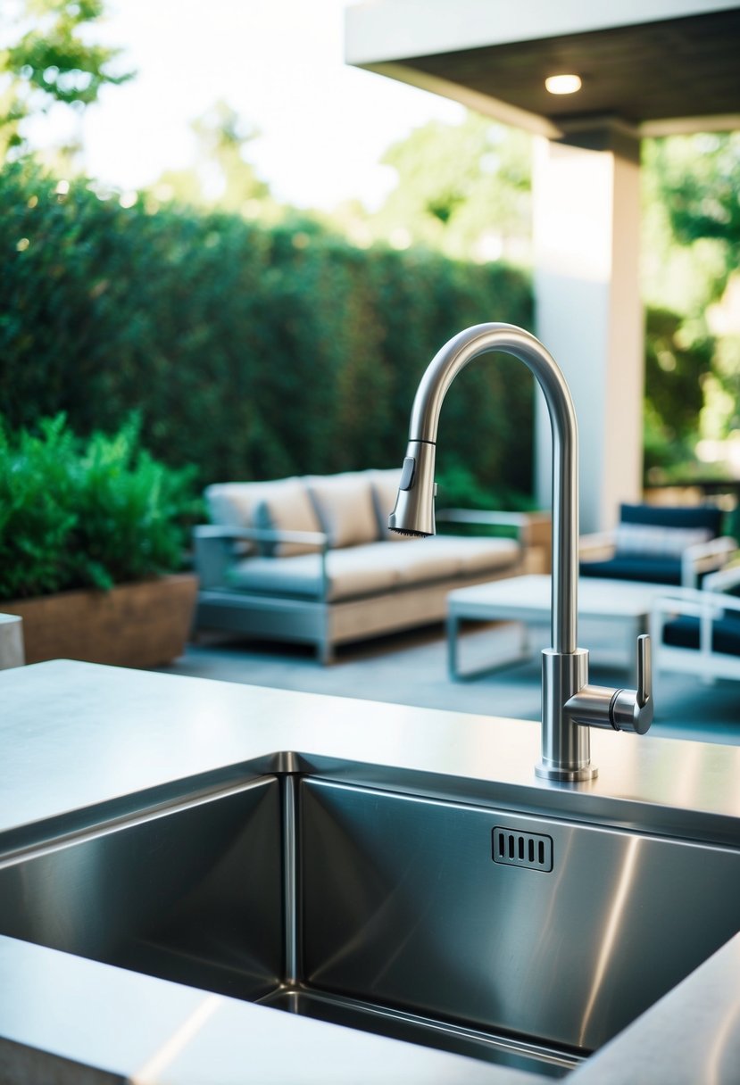 A sleek stainless steel outdoor kitchen sink and faucet surrounded by a spacious patio with lush greenery and modern furniture