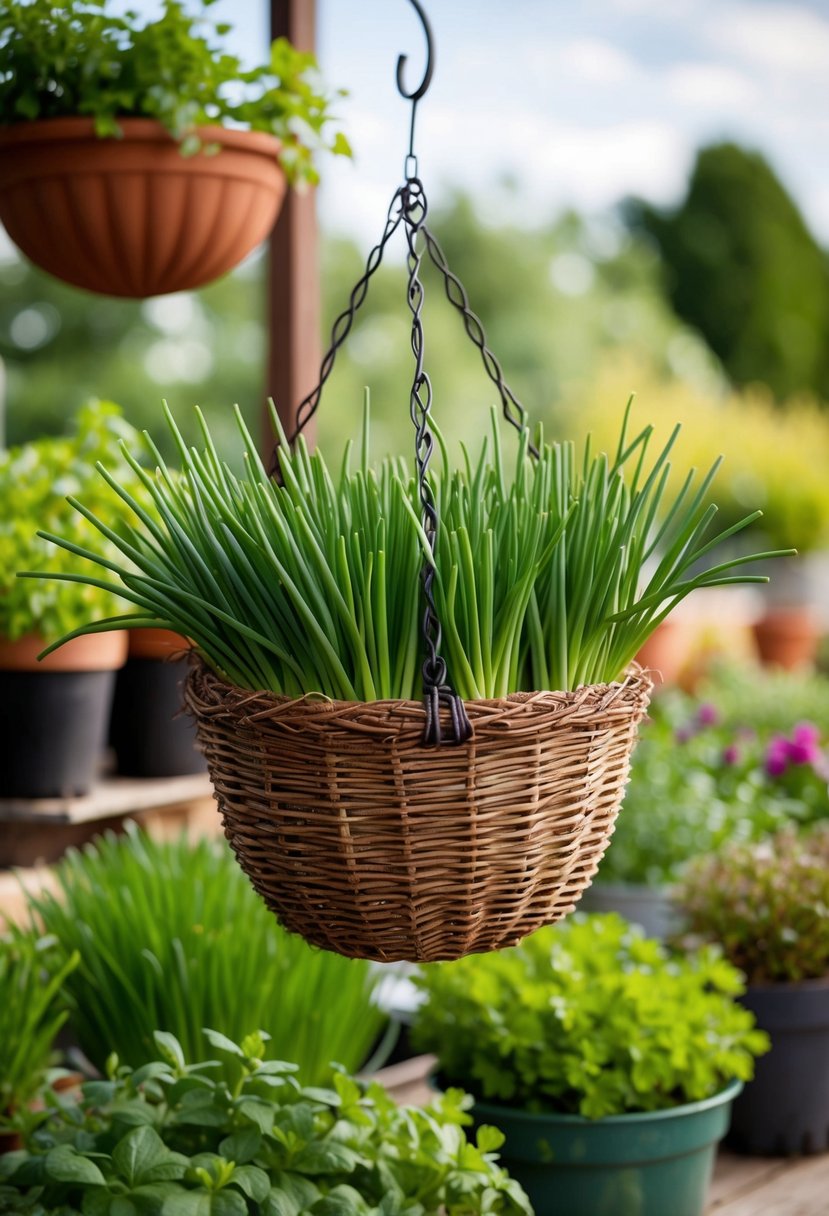 A hanging basket filled with chives, surrounded by other potted herbs