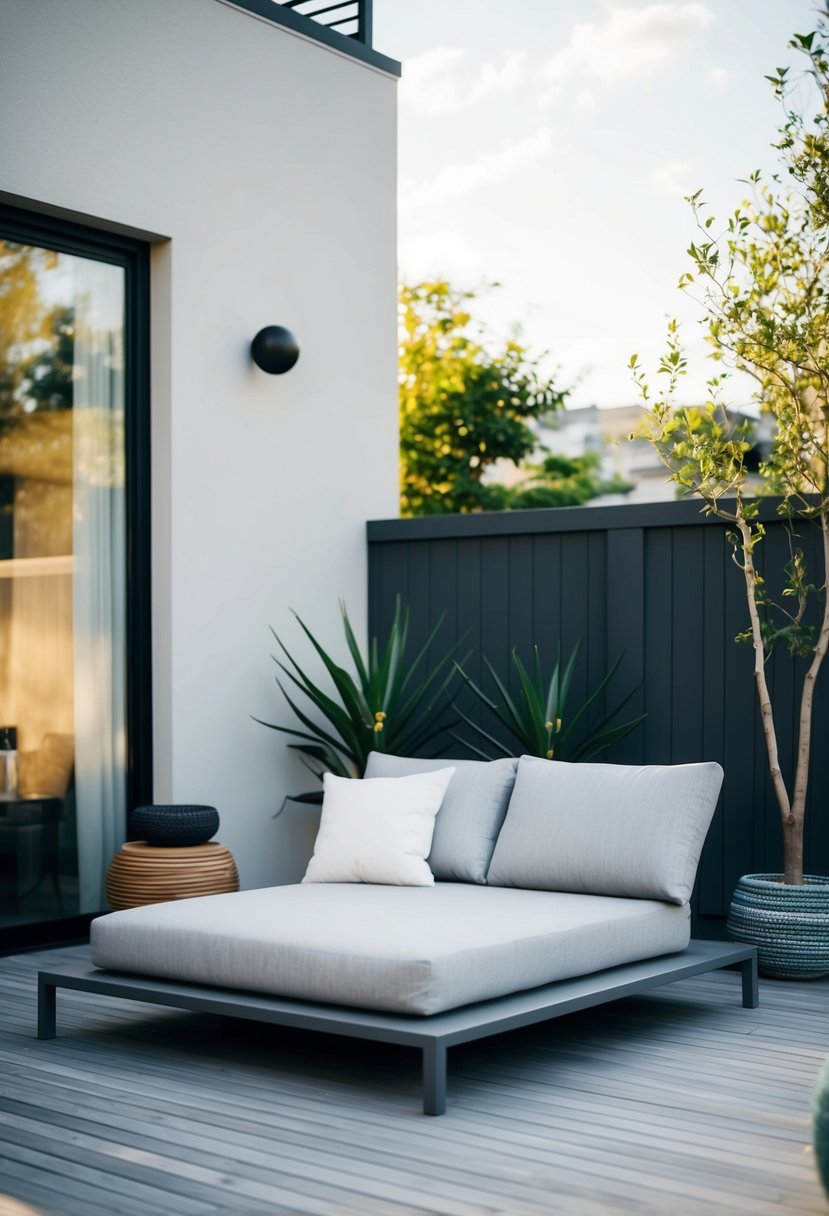 A sleek, low-profile outdoor sofa sits on a wooden deck, surrounded by minimalist Japandi-inspired patio decor. The simple yet elegant design exudes a sense of tranquility and harmony with nature