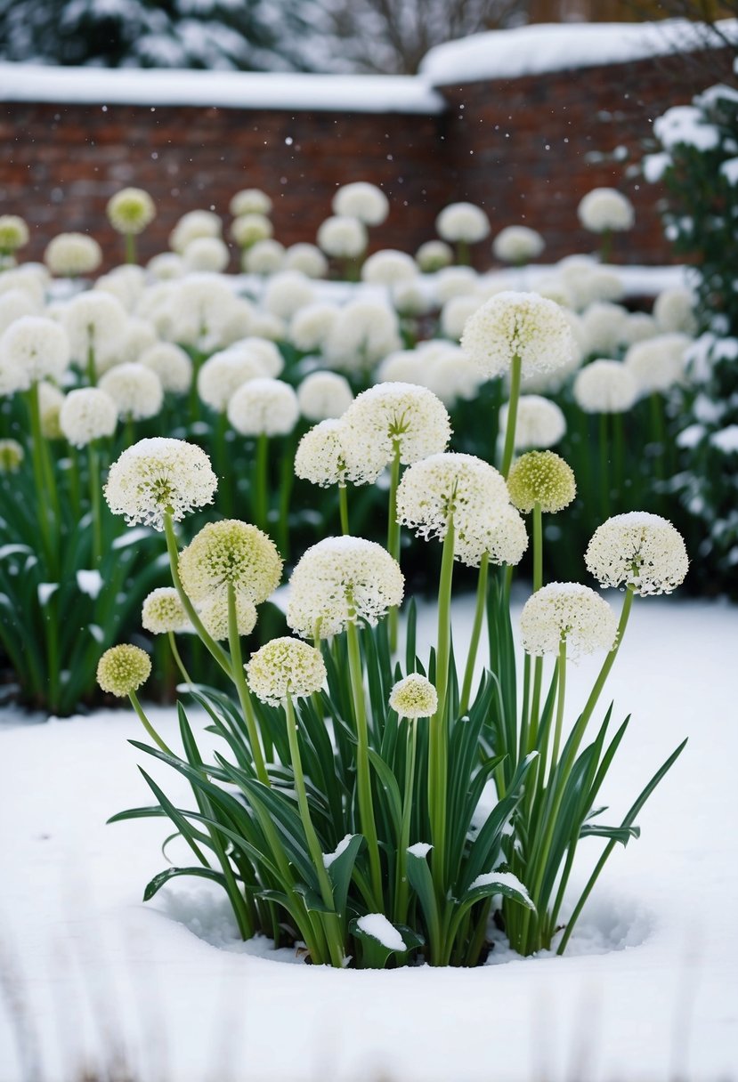 A snowy garden with 44 Allium flowers in full bloom