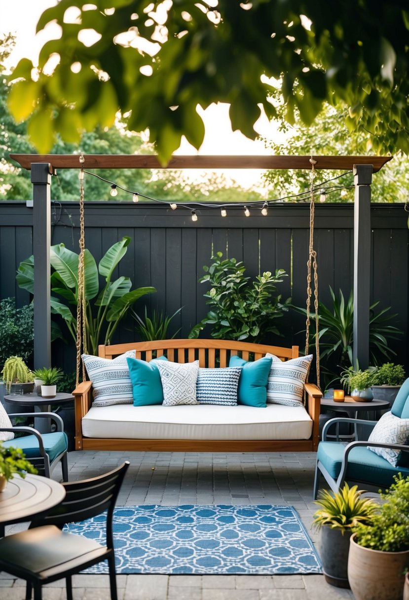 A swing bed surrounded by various patio seating ideas, including chairs, tables, and plants