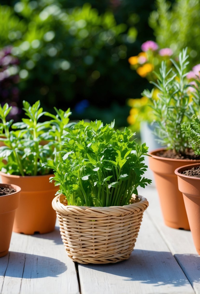 A small basket holds fresh tarragon amid other potted herbs in a sunny garden setting