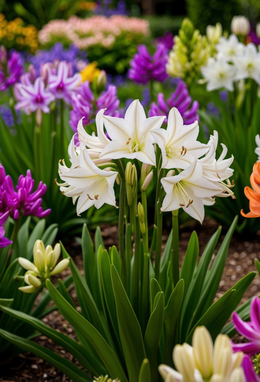 Vibrant Agapanthus 'Sea Coral' blooms in a lush garden setting, surrounded by 48 other varieties of agapanthus in full bloom