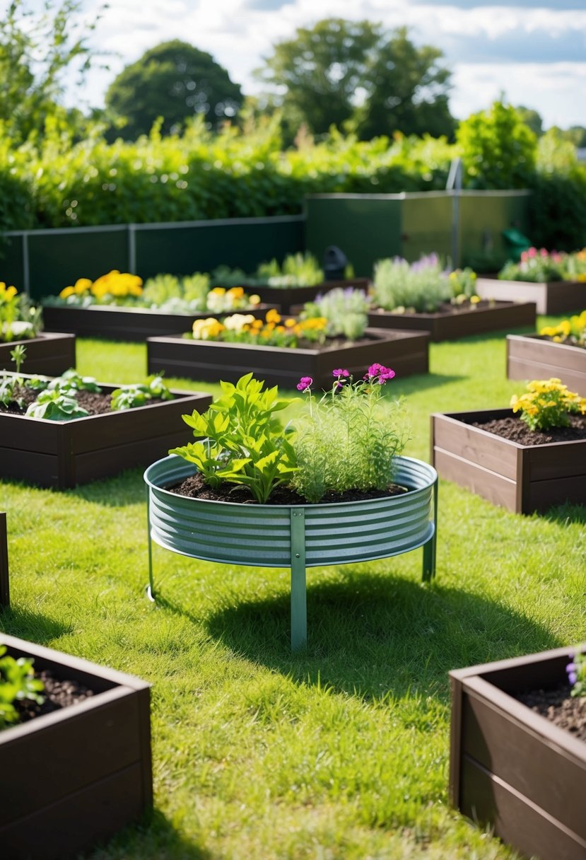 A metal elevated garden bed surrounded by 35 raised beds, with various plants and flowers growing in them