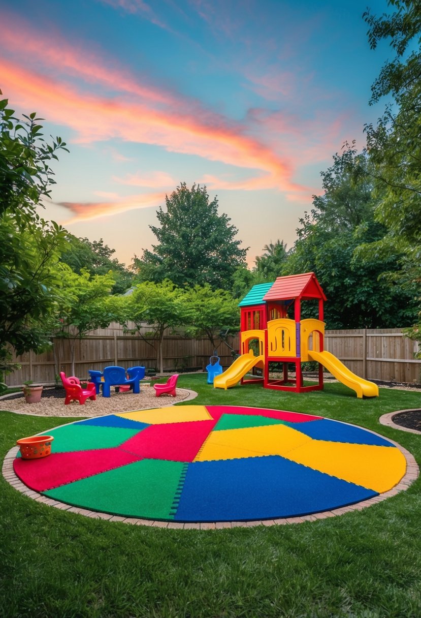 A vibrant play yard with 30 gardens and a kids play area