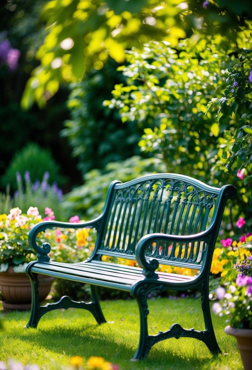 A cast iron bench surrounded by lush greenery and colorful flowers, creating a peaceful and inviting garden seating area