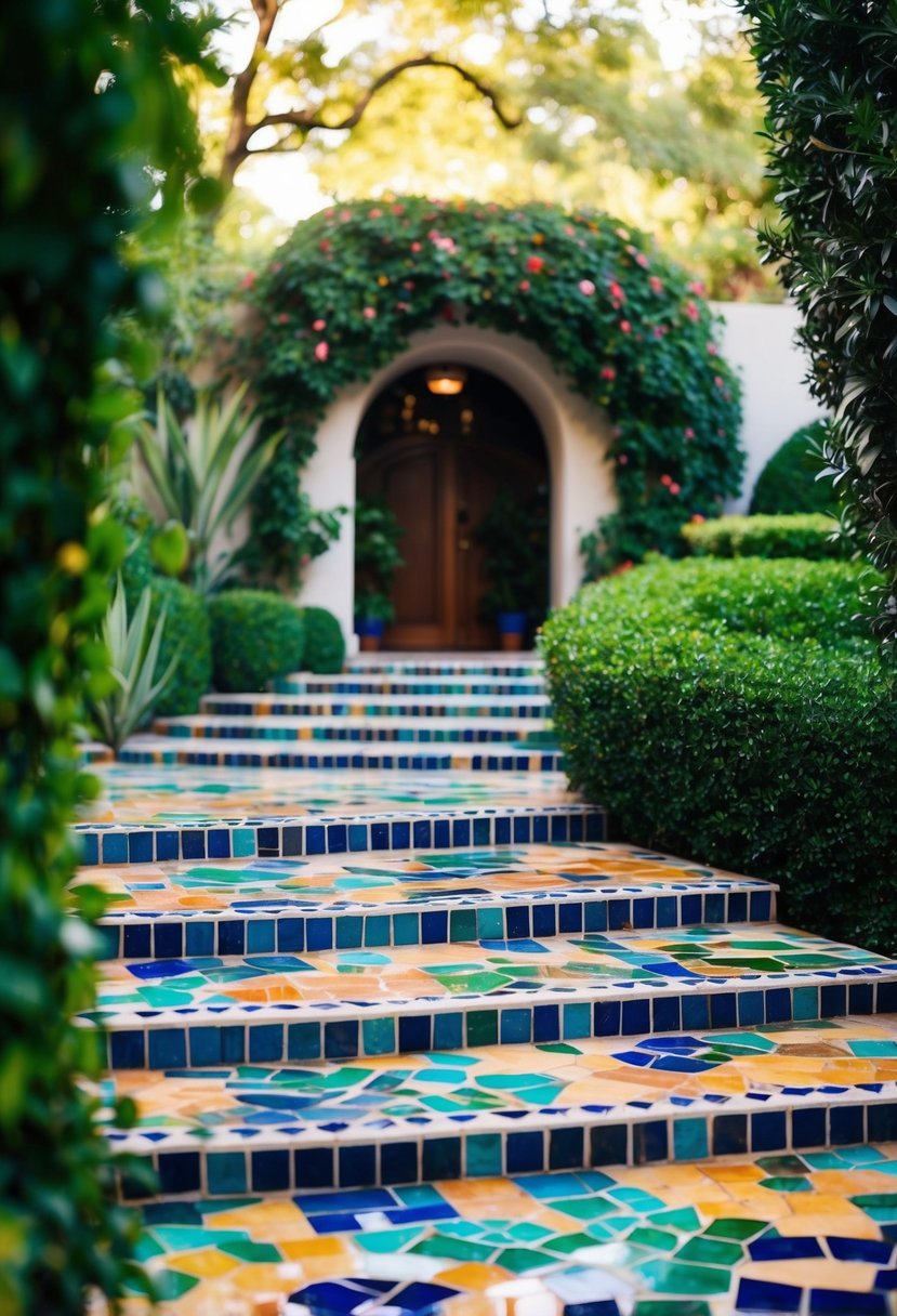 A winding path of colorful mosaic steps leads through a lush garden to an inviting entrance