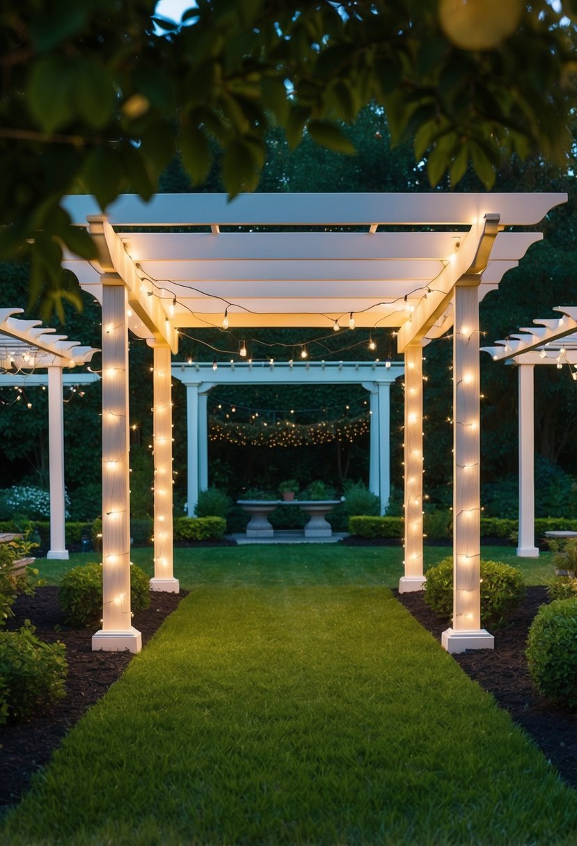 A pergola adorned with fairy lights stands in a lush garden, surrounded by 27 arbors