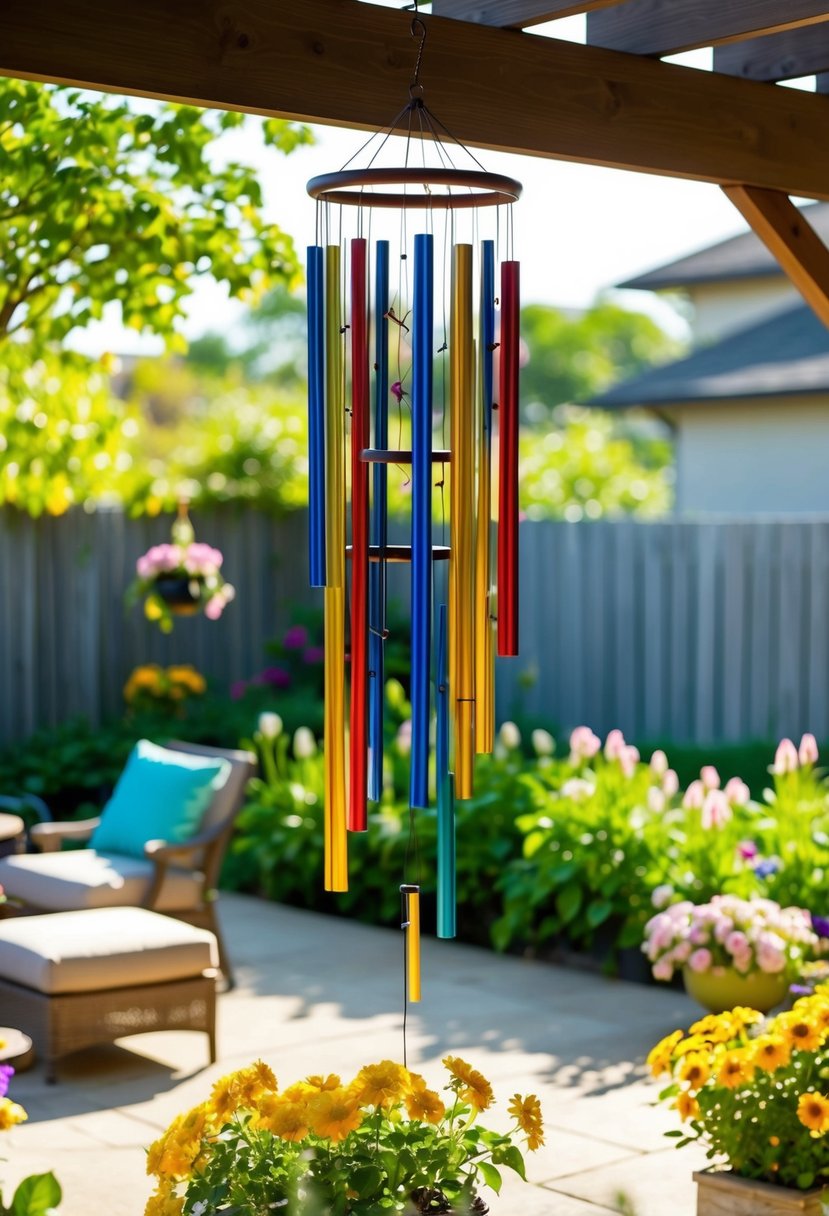 Colorful wind chimes hanging from a wooden pergola on a sunny patio. Flowers and greenery surround the area, creating a peaceful and inviting atmosphere