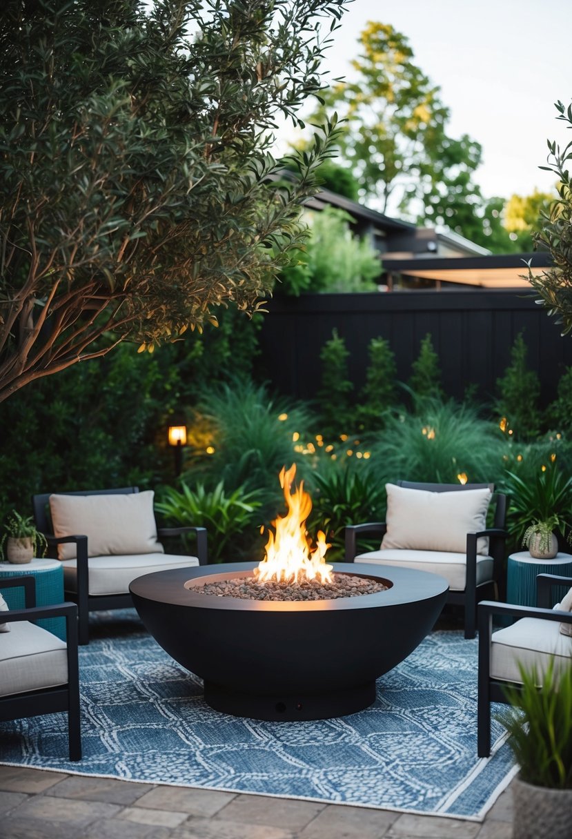 A cozy backyard with a 48-inch fire pit surrounded by outdoor seating and surrounded by lush greenery