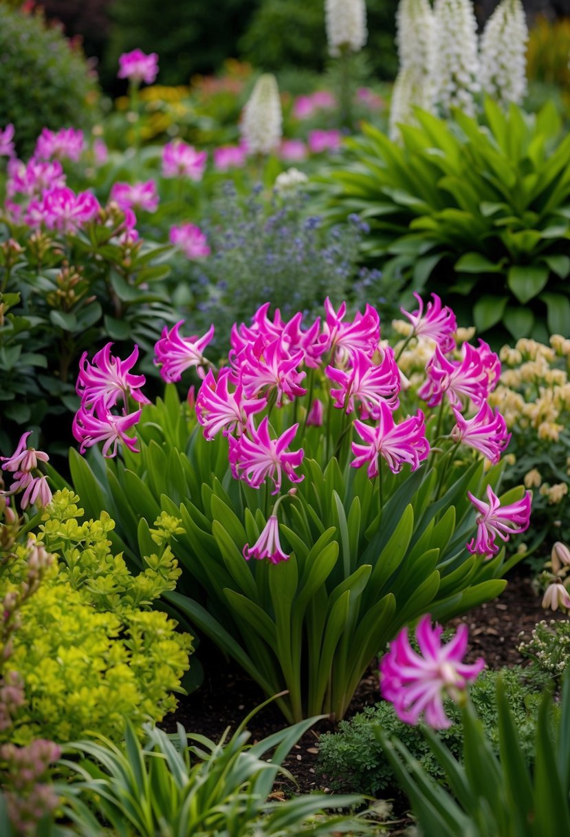 A lush garden filled with vibrant agapanthus flowers in full bloom, surrounded by a variety of other plants and foliage