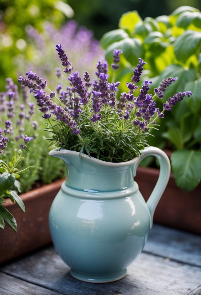 A ceramic pitcher holds fresh lavender in a vibrant herb garden