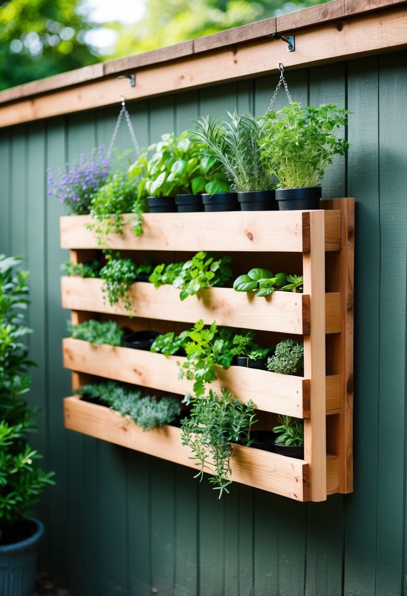 A cedar fence planter filled with 22 herbs hangs on a garden wall