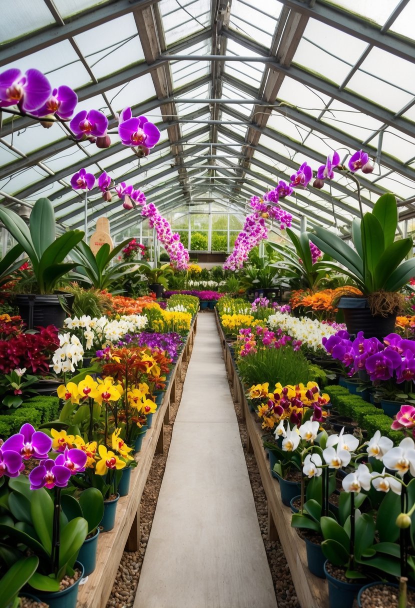 A sprawling collection of 28 orchid gardens, each housed in its own greenhouse, creating a colorful and vibrant display of nature's beauty