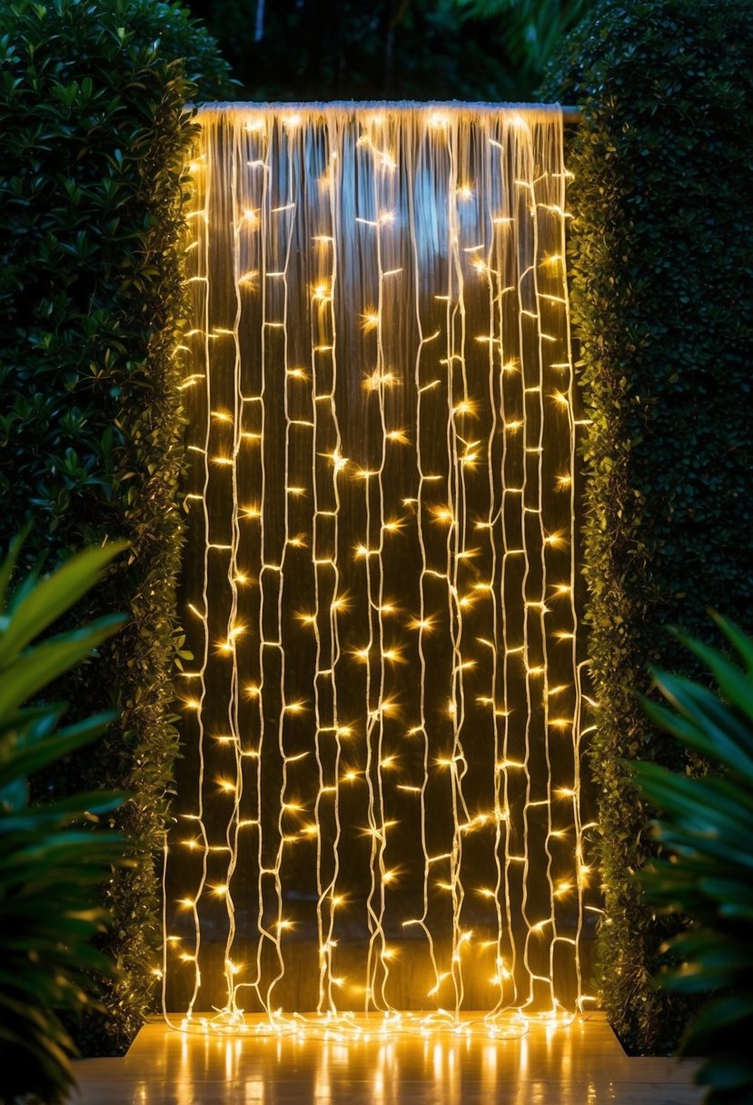 A waterfall of fairy lights cascading down a lush garden, creating a magical and enchanting atmosphere