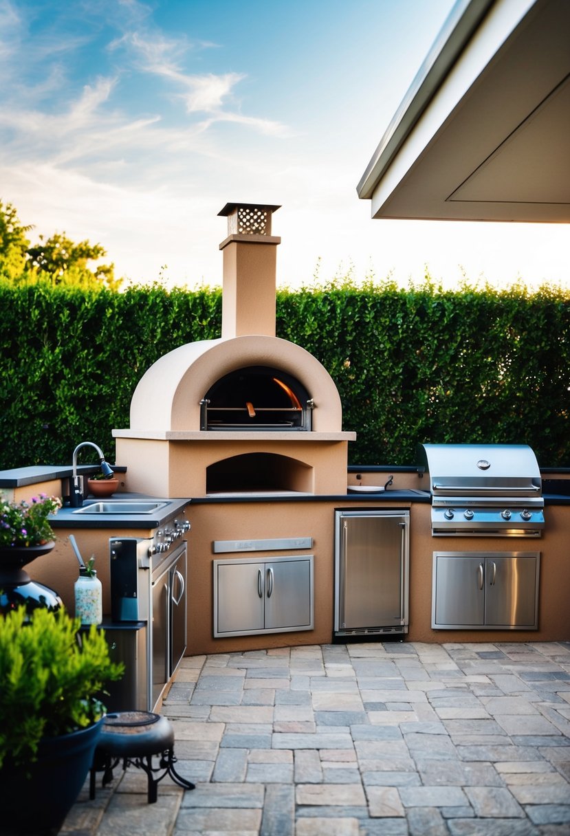 A backyard patio with a built-in pizza oven surrounded by a fully equipped outdoor kitchen, including a grill, sink, and ample counter space