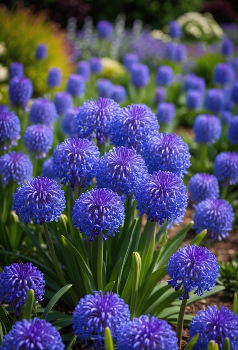 A garden filled with vibrant Agapanthus 'Electric Sky' in full bloom, creating a stunning display of blue and purple hues