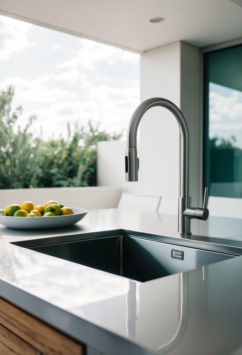 A sleek, stainless steel sink gleams in a modern outdoor kitchen, surrounded by clean lines and minimalist design