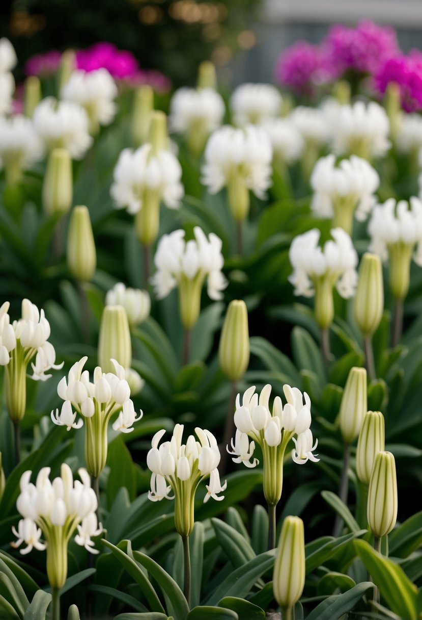 A lush garden with 48 blooming Agapanthus 'Icecap' plants in full bloom