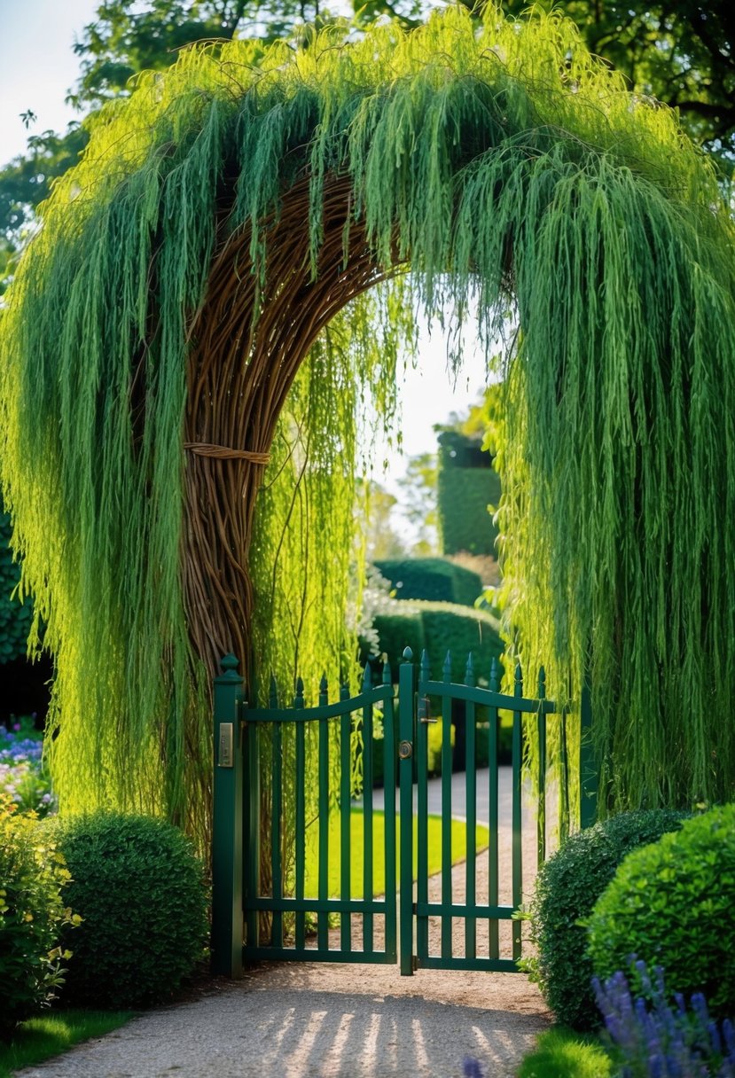 A lush, twisting willow gate stands at the entrance to a garden, with vibrant green foliage forming an archway