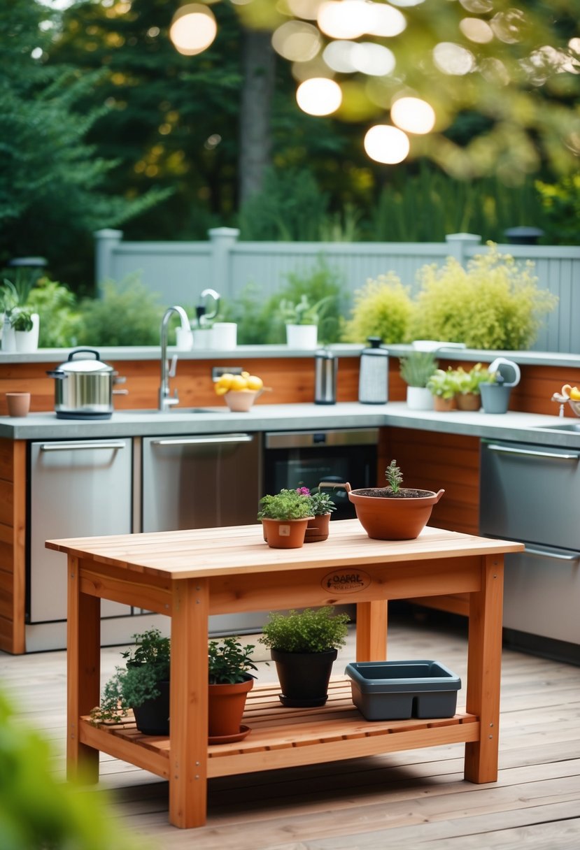 A sleek cedar potting bench surrounded by modern outdoor kitchen appliances and accessories