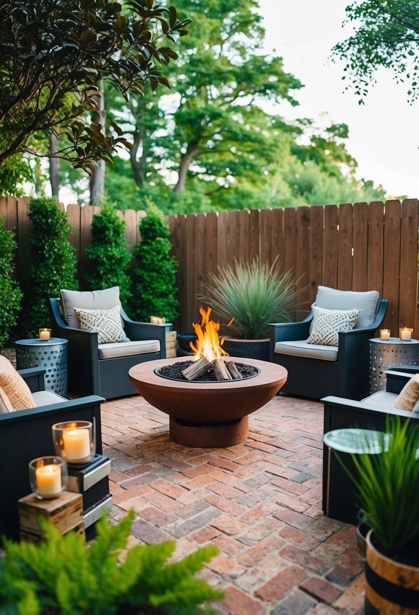 A cozy brick patio with a natural fire pit surrounded by recycled materials and lush greenery