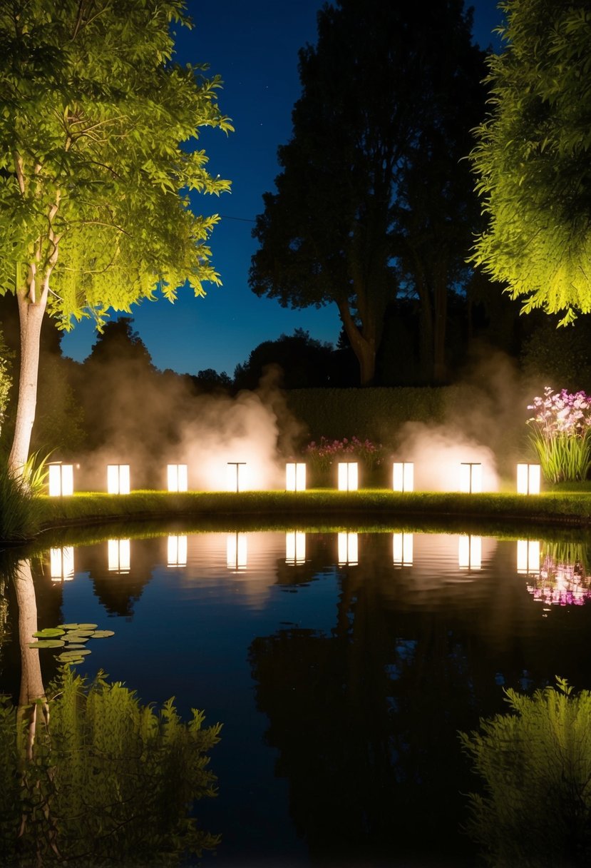 A pond fog machine with lights illuminates 25 garden ponds at night
