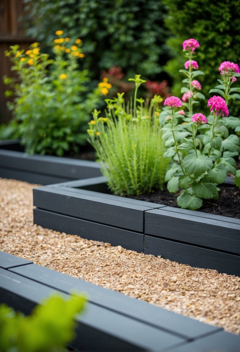 A garden with 35 charcoal-finished sleepers forming borders