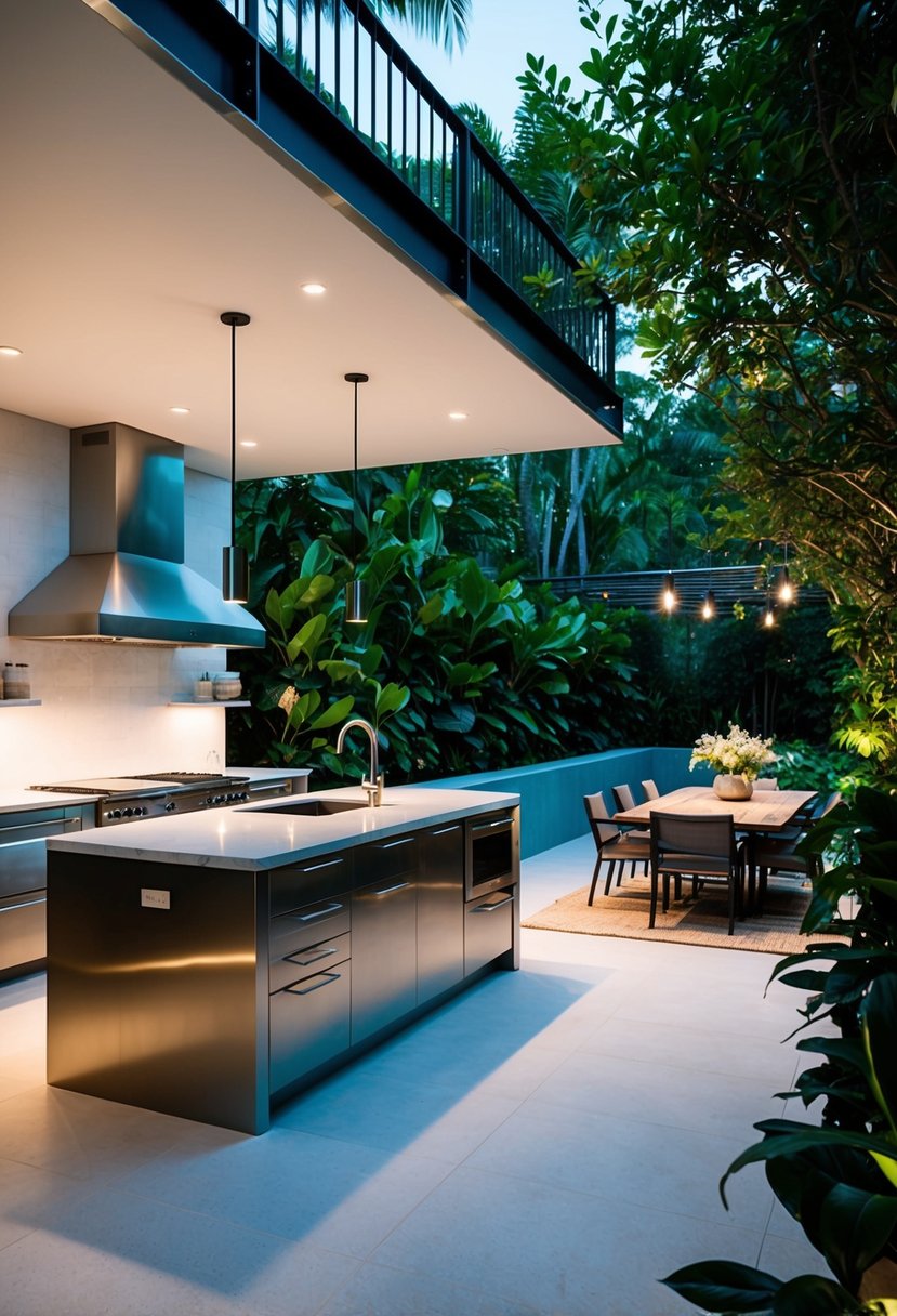 A sleek, open-air kitchen with stainless steel appliances, a large island, and a cozy dining area surrounded by lush greenery and ambient lighting