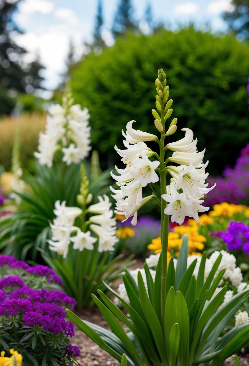 A lush garden with a variety of Agapanthus 'Northern Star' in bloom, creating a vibrant and colorful display of flowers