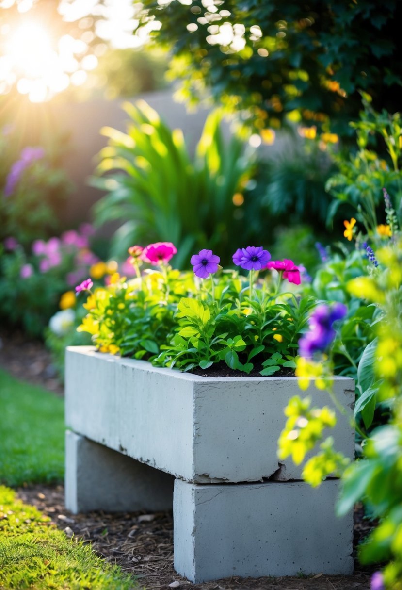 A concrete block bench planter sits in a lush garden, filled with vibrant flowers and greenery. The sun casts a warm glow on the scene