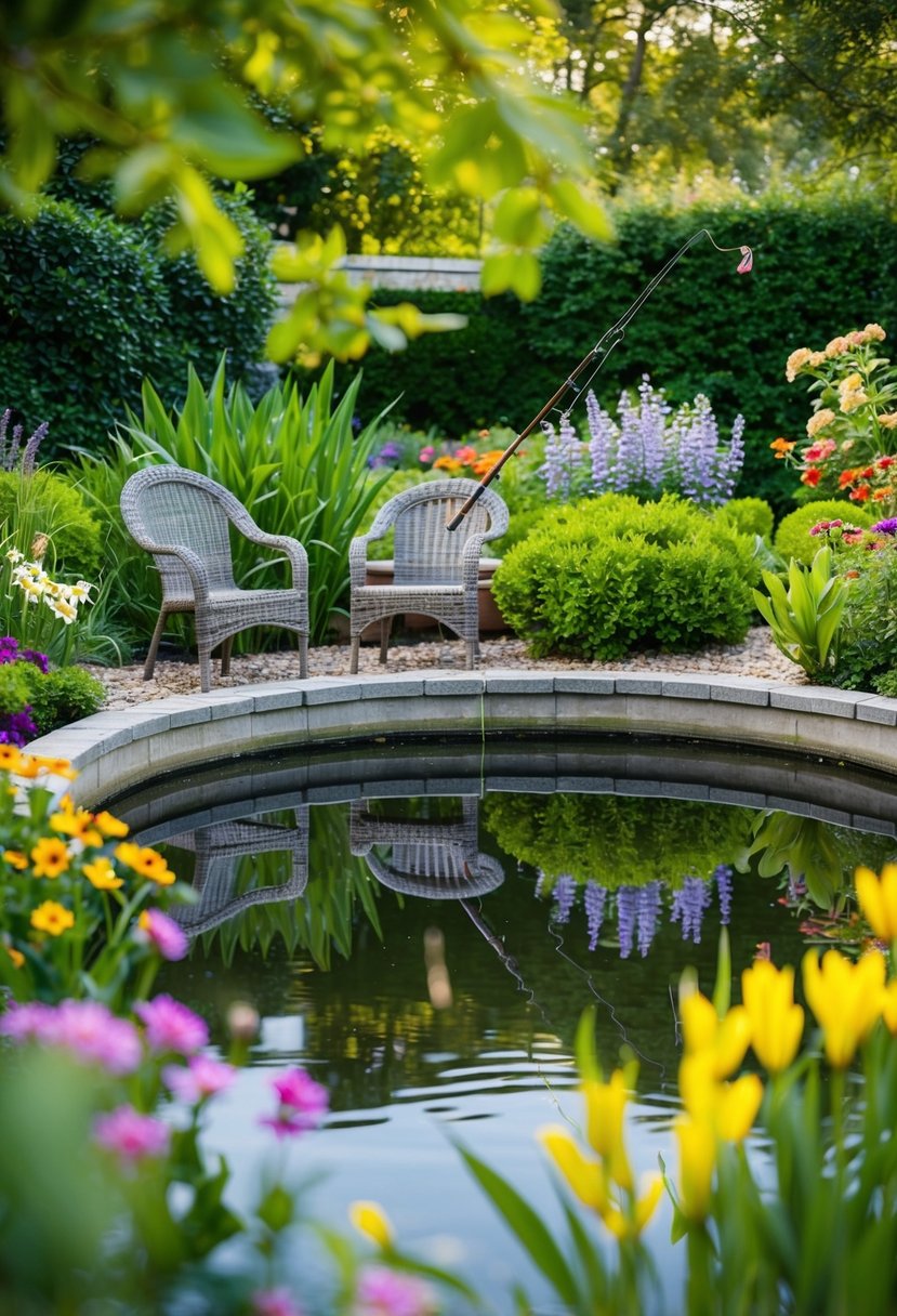 A tranquil garden pond with a fishing corner, surrounded by lush greenery and colorful flowers