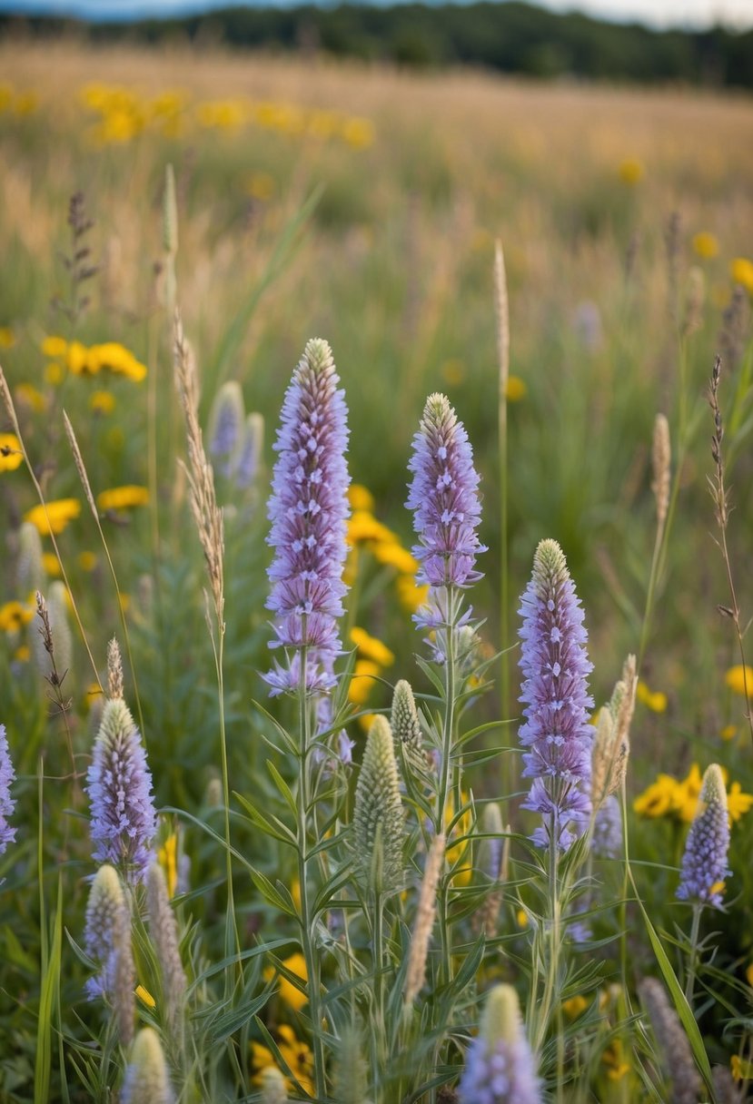 A field of prairie smoke wildflowers in full bloom, surrounded by tall grasses and other native plants