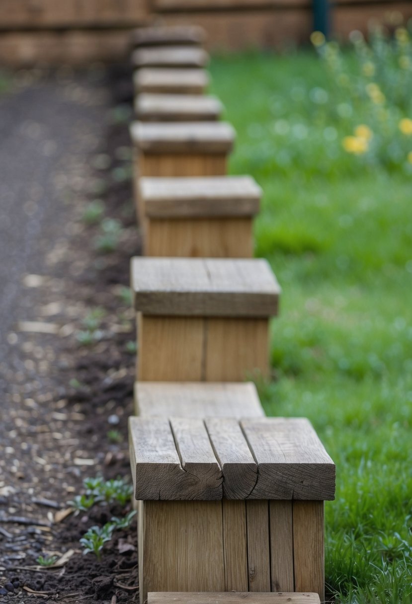 A row of weathered oak planter sleepers encircle a garden, creating rustic borders