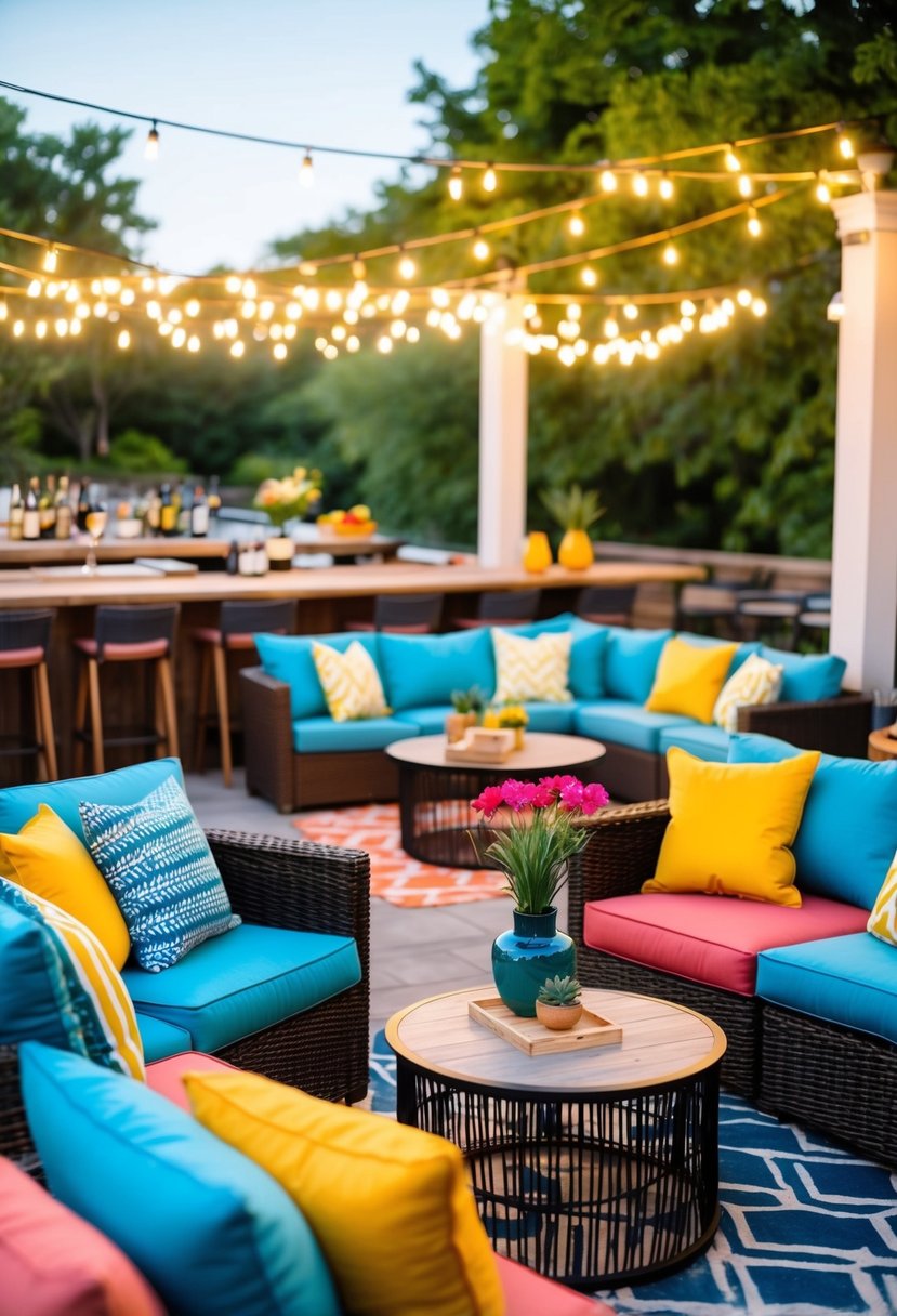 Colorful outdoor cushions adorn a lively patio bar scene with 23 unique design ideas