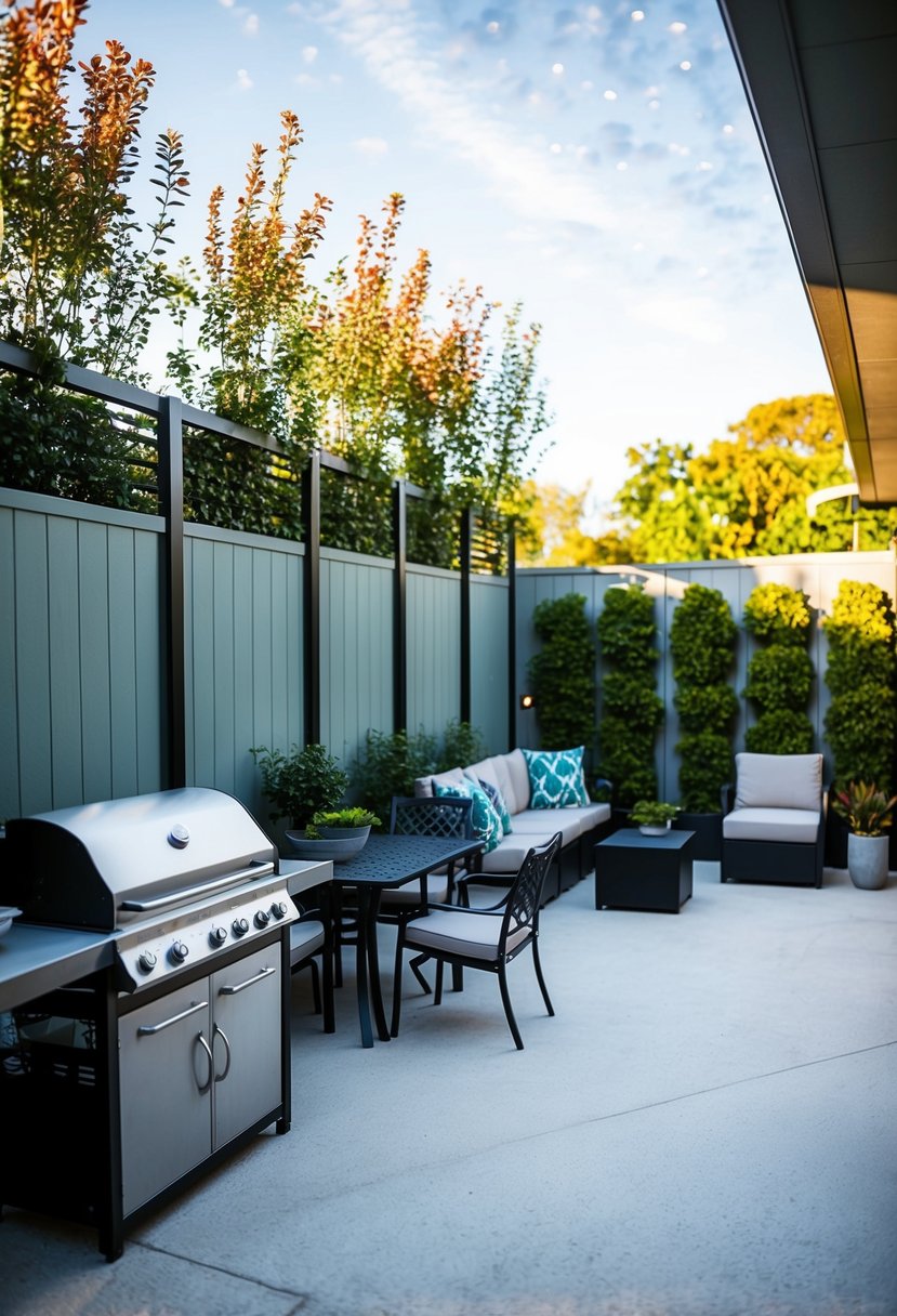 A patio with vertical garden panels, a BBQ area, and seating