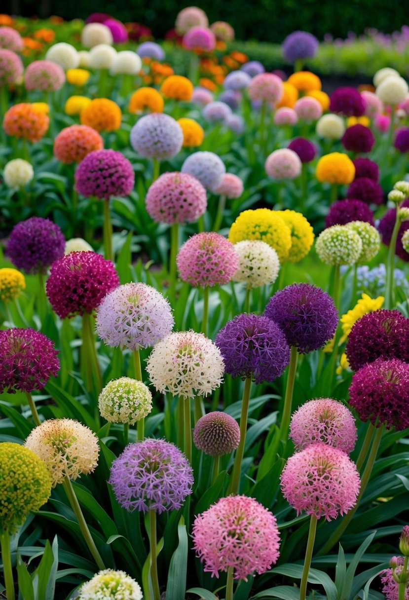 A lush garden filled with blooming Allium flowers of various colors and sizes, creating a vibrant and enchanting display