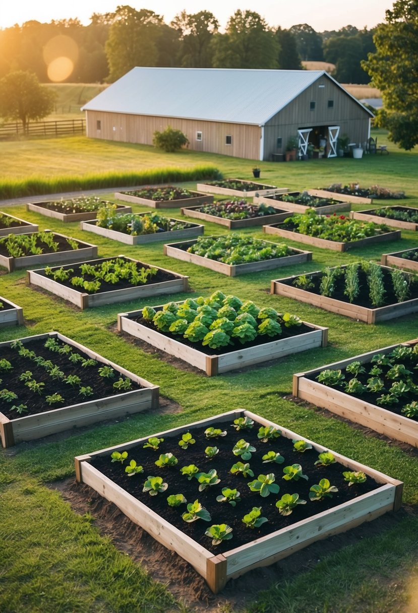 A sprawling farmstead with 35 raised garden beds arranged in a U-shaped pattern, with pathways for easy access and maintenance