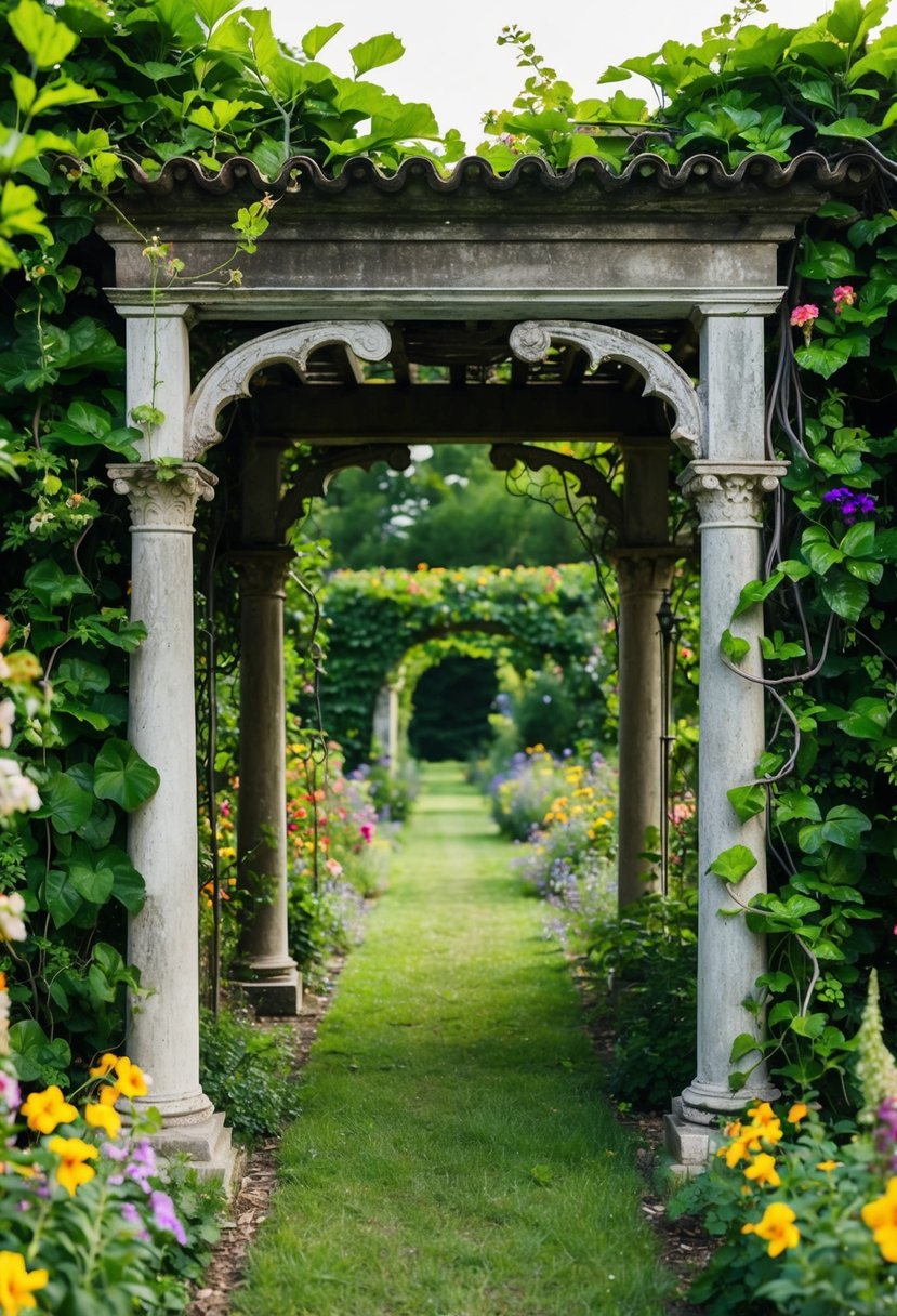 An ornate, weathered pergola stands in the center of a lush, overgrown European garden, surrounded by colorful flowers and winding vines