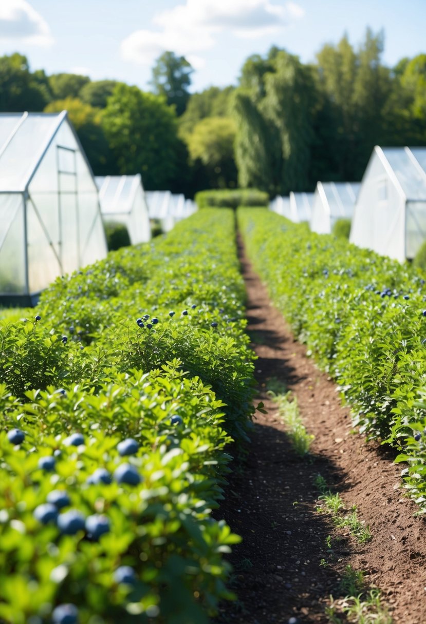 Lush green gardens with rows of blueberry bushes surrounded by greenhouses