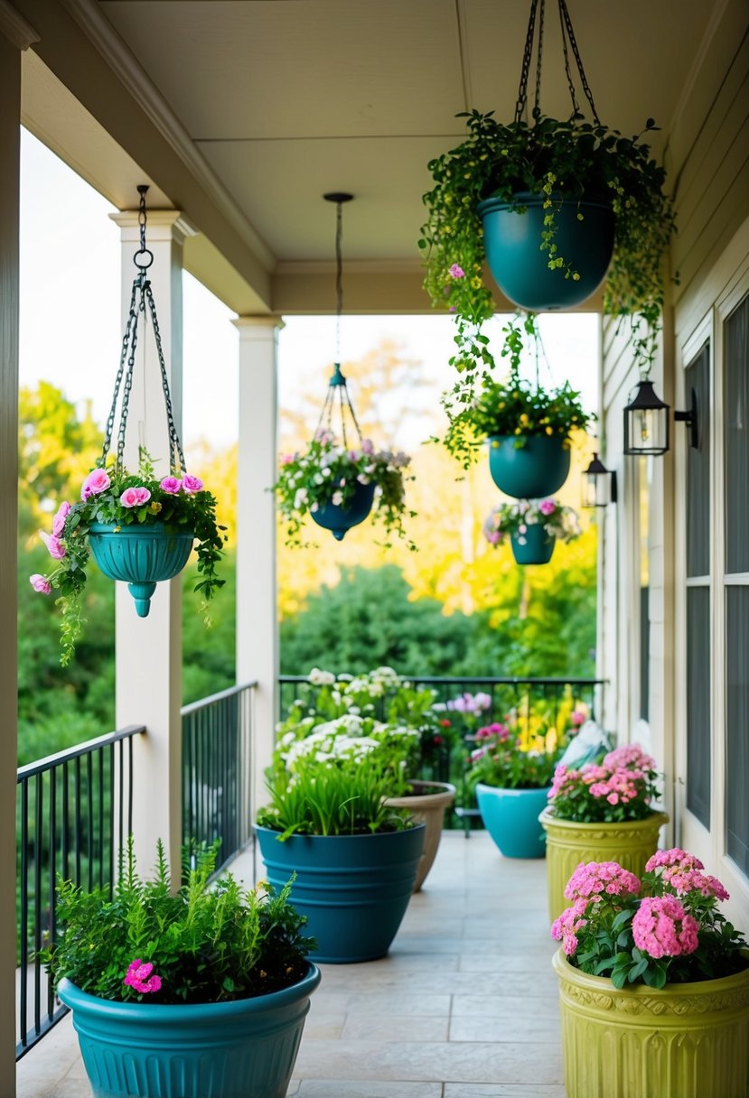 A patio with various hanging planters in different sizes and shapes, filled with lush greenery and blooming flowers, creating a vibrant and inviting outdoor space